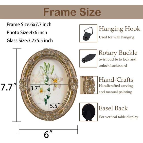4x6 Oval Bronze Antique Ornate Picture Frames With Embossed Flower Wall Decor - Picture 3 of 9